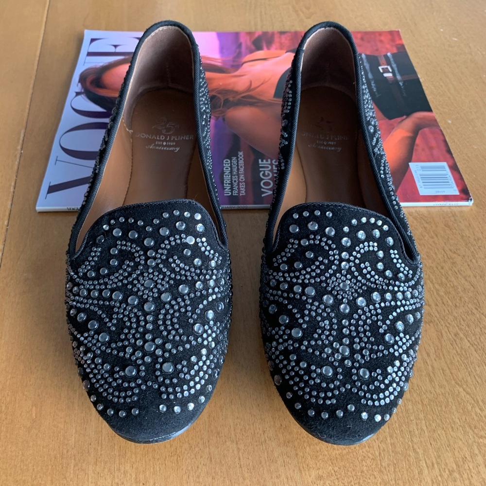 😍 Donald J. Pliner Black Leather Suede Loafers Flats Bead Embellished Sz 6.5 😊